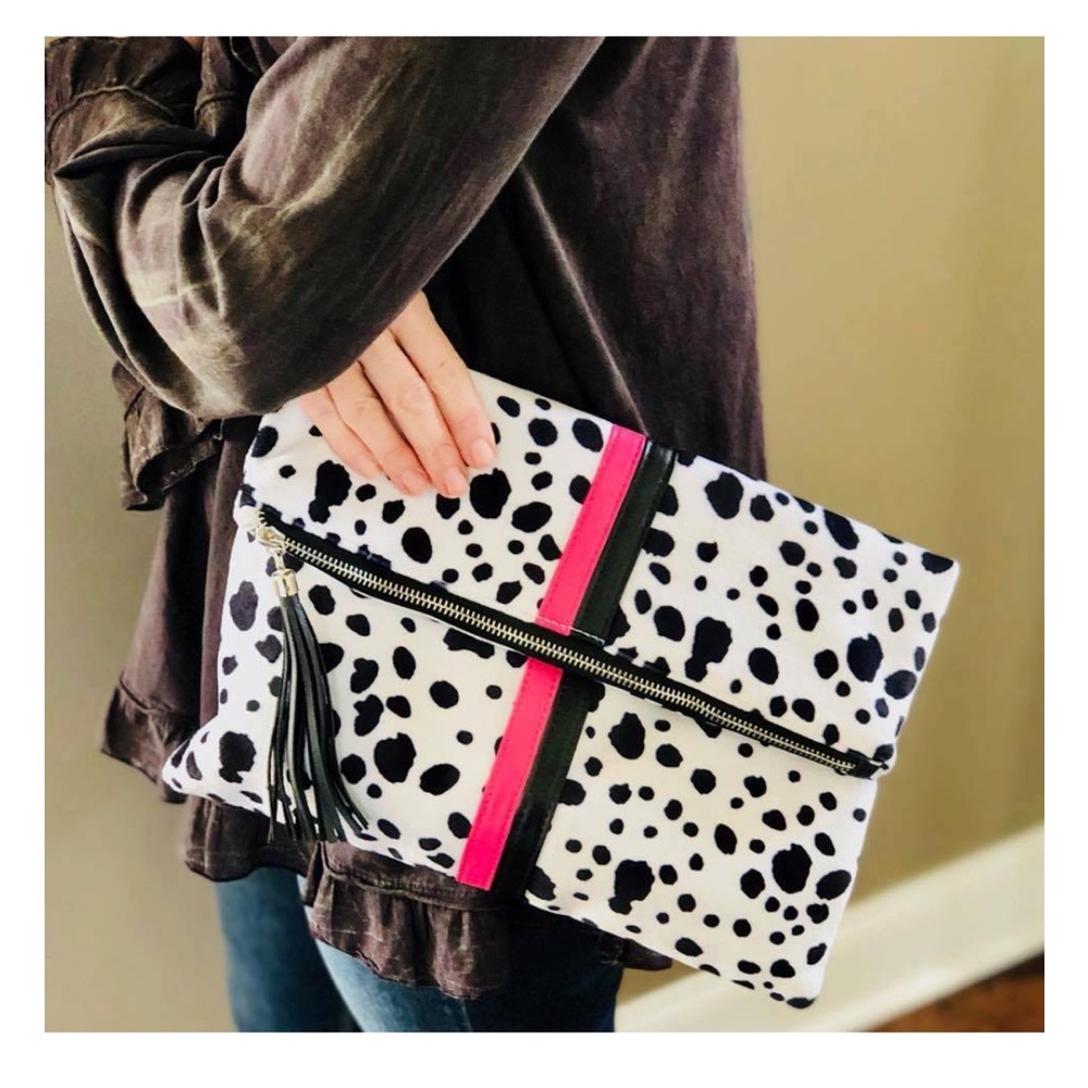 Dalmatian Print Foldover Clutch Handbag Purse Black White Pink Stripe 13” x 13”